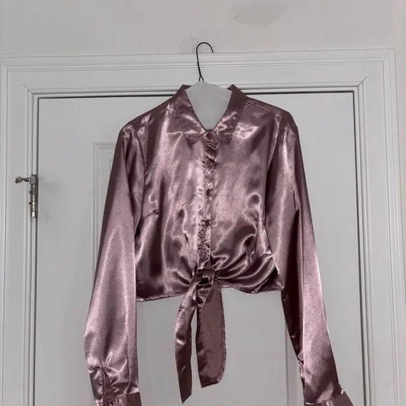 Satin Tie-Front Blouse - Dusty Rose - Picture 5 of 9